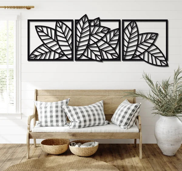 3D Wooden Leaf Panel Wall Art – Set of 3 Hanging Pieces